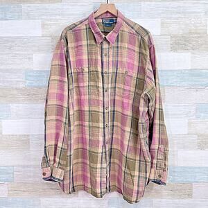 POLO Ralph Lauren Vintage 100% Linen Emmons Shirt Brown Pink Plaid Mens XXL 2XL